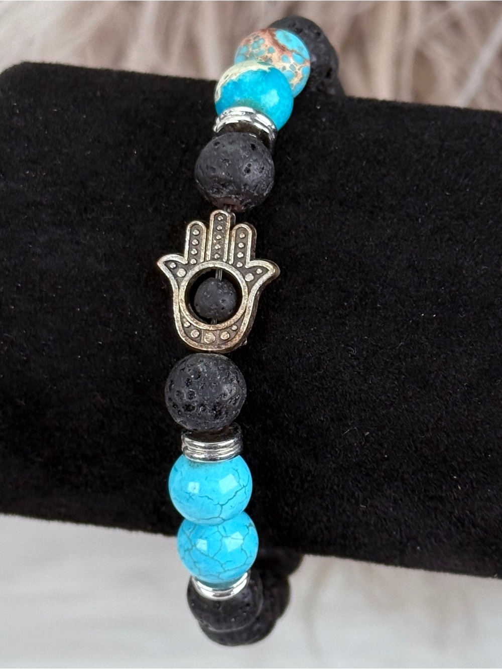 Black Lava & Blue Beaded Stretch Bracelet with Hamsa Charm